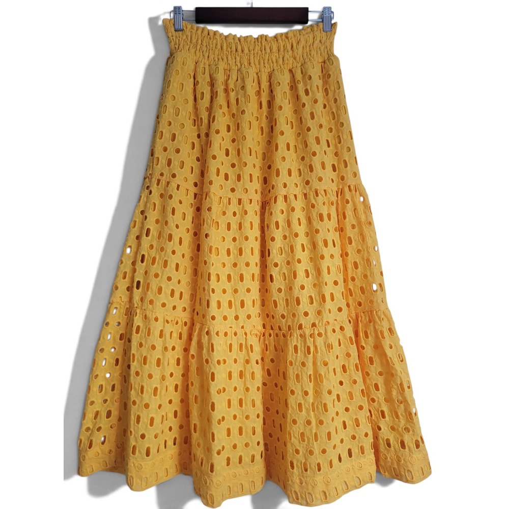 Anthropologie Cotton Somerset Eyelet Maxi Skirt with Pockets Yellow Tiered Small